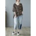 Fashion Khaki V Neck Bat wing Sleeve Striped Print Fall Blouses