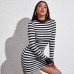 European and American foreign trade women's sexy slim dress simple long-sleeved round neck slim black and white striped dress summer