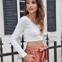 European and American cross-border women's backless lace-up long-sleeved T-shirt navel-baring sweater lace peach collar sexy solid color vest