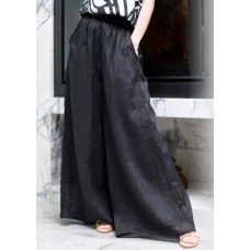 Modern Black Pockets Embroideried Floral Elastic Waist Linen Wide Leg Pants Summer
