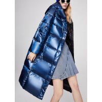 Luxury Blue zippered Pockets Loose Winter Duck Down Coat