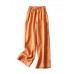 Stylish Orange Pockets elastic waist Drawstring Linen Wide Leg Pants Summer