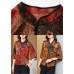 Vintage Red Mandarin Collar Print Silk Shirt Tops Half Sleeve