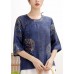 Vintage Tibetan Blue button O-Neck print Linen Shirt Tops Half Sleeve