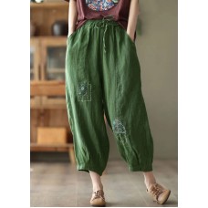 Vintage Green Pockets Print Elastic Waist Linen Harem Pants Summer