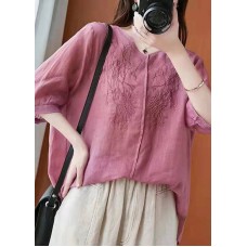 Natural pink linen clothes v neck daily summer top