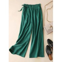 Loose Green Pockets drawstring Linen straight pants Summer