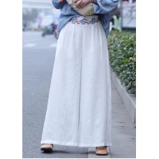 Casual White wrinkled Embroideried Linen wide leg Pants Spring