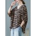 Fashion Khaki V Neck Bat wing Sleeve Striped Print Fall Blouses