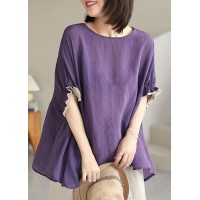 Plus Size Purple O-Neck Patchwork Ruffled Fall Shirt Half Sleeve